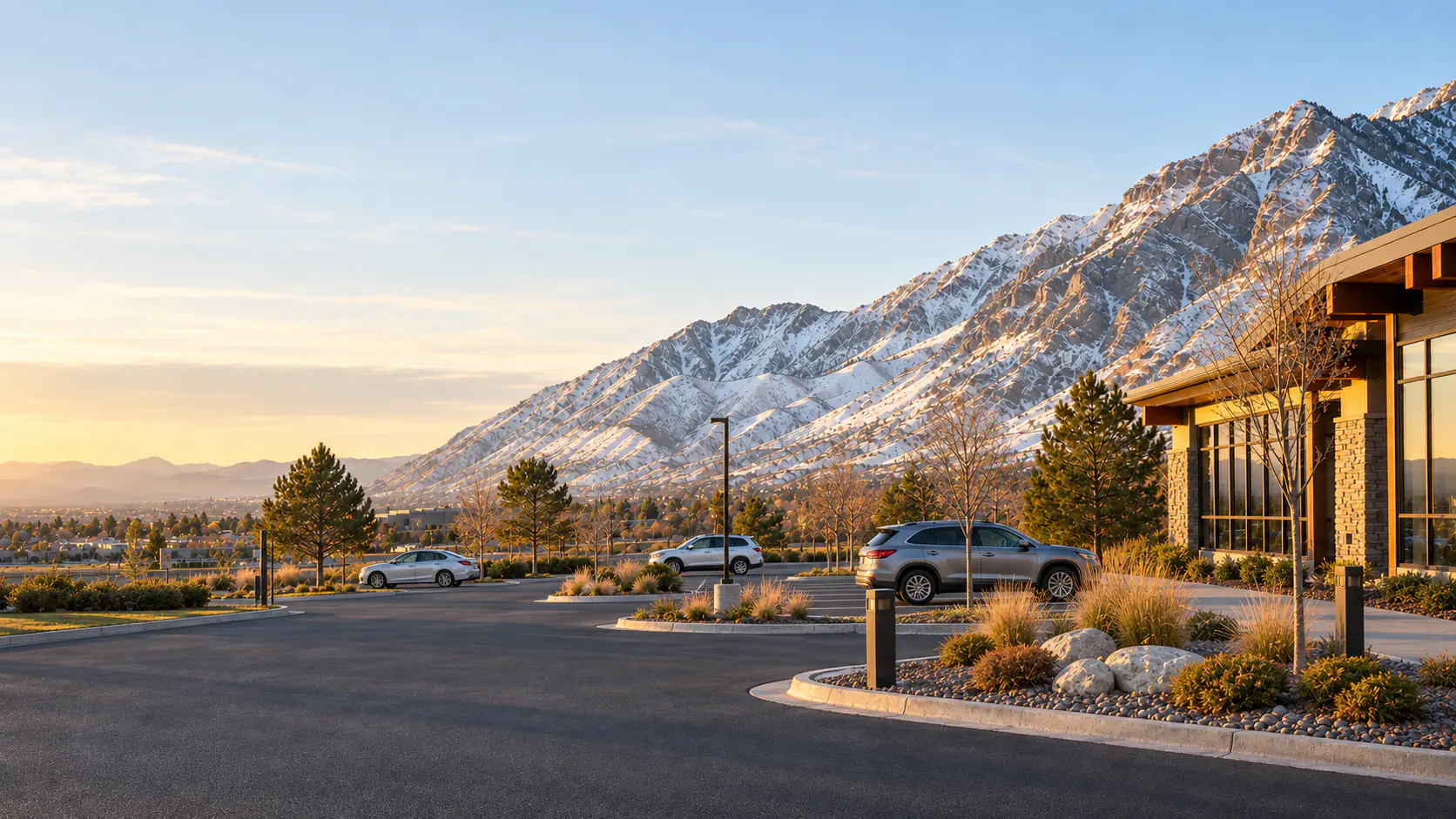 An orderly Utah Valley property arrival beneath the snow-dusted Wasatch Range at sunrise