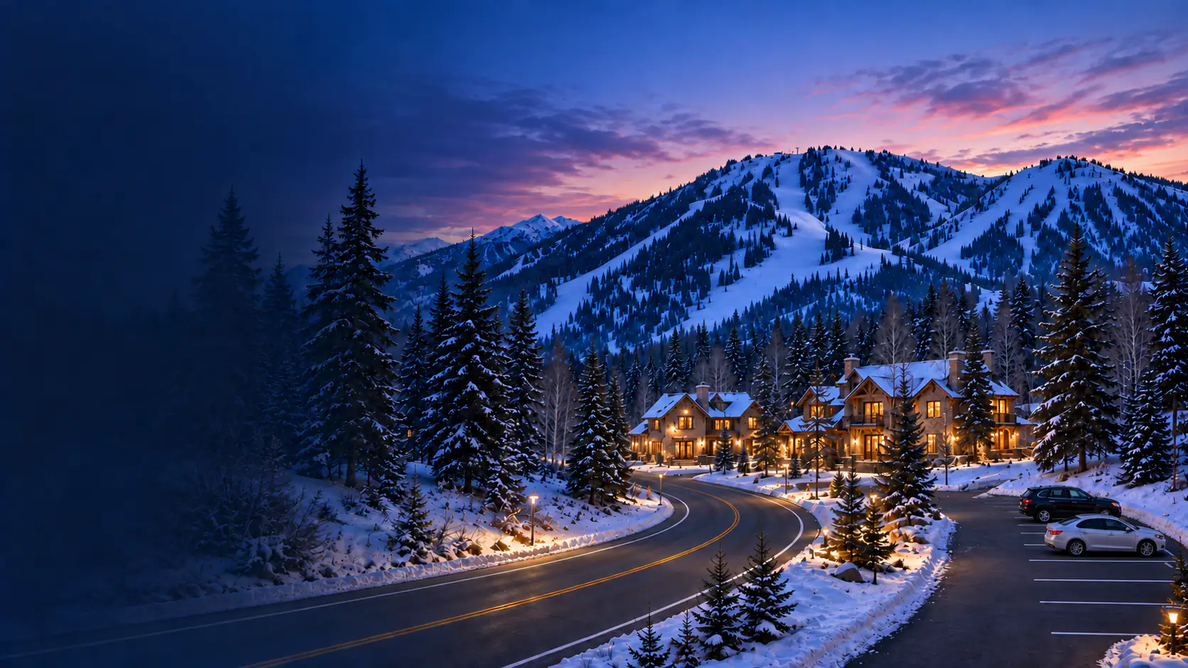 A managed parking arrival near Park City beneath the Wasatch Back at blue hour