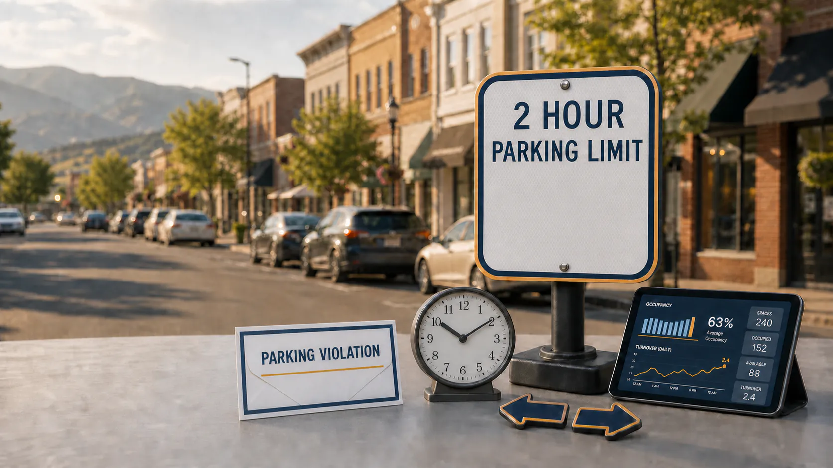 A two-hour parking-limit sign, violation envelope, analog clock, and turnover analytics dashboard on a Utah Main Street.